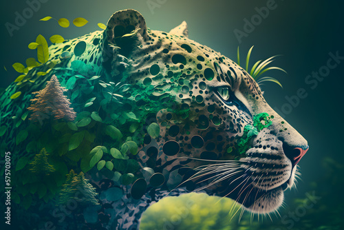 Muzzle of Jaguar profile silhouette with leaves of tropical vegetation of exotic forests. The concept of protecting animals and forest environment. Generative AI