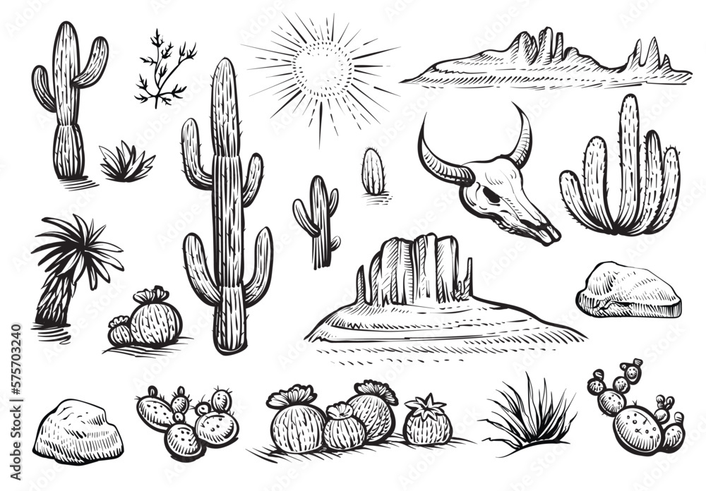 Desert set vector sketches. Hand drawn black and white line cactus, rocks, skull, and elements of the landscape. - obrazy, fototapety, plakaty 