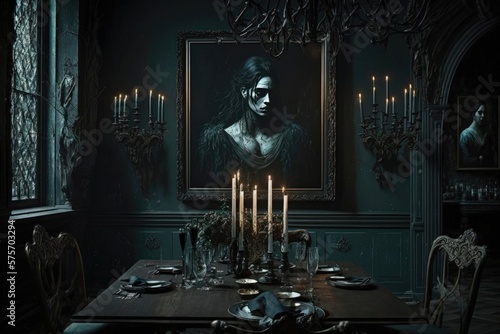 Dark gothic dining rooms. Decadent decor inspo. Generative AI 