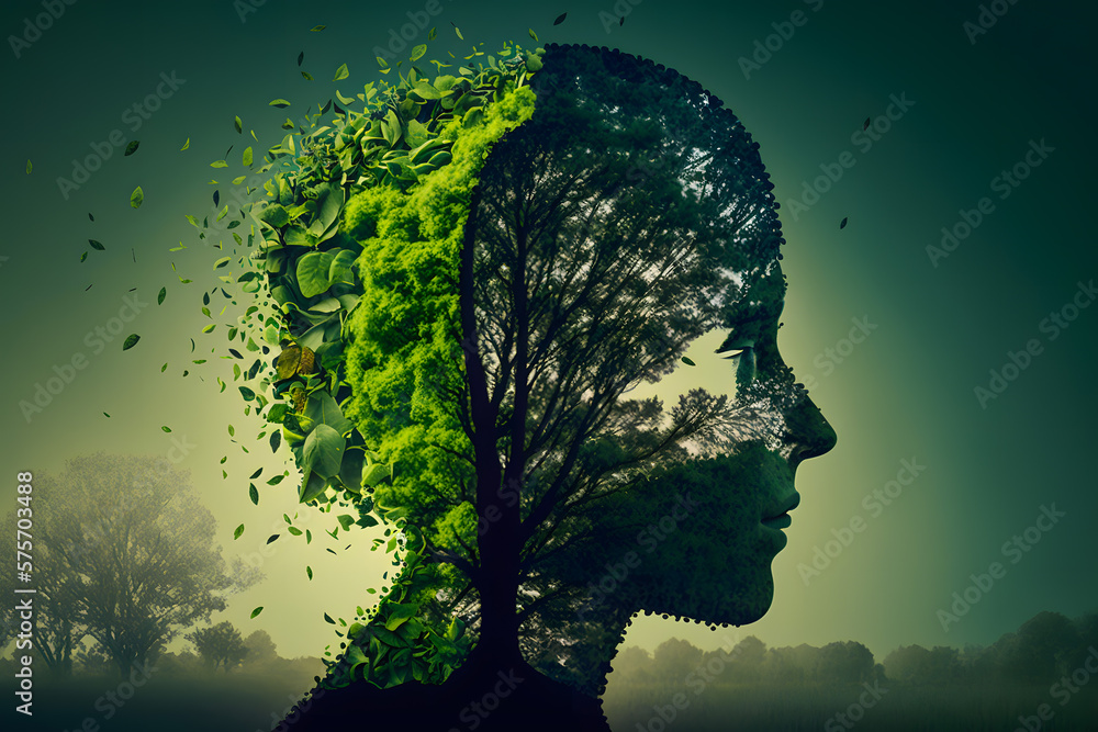 Head of human profile silhouette with leaves of tropical vegetation of exotic forests. The concept of protecting animals and forest environment. Generative AI