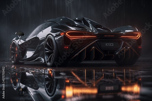 Cool black generic sports car in a dark studio background illustrated with generative AI