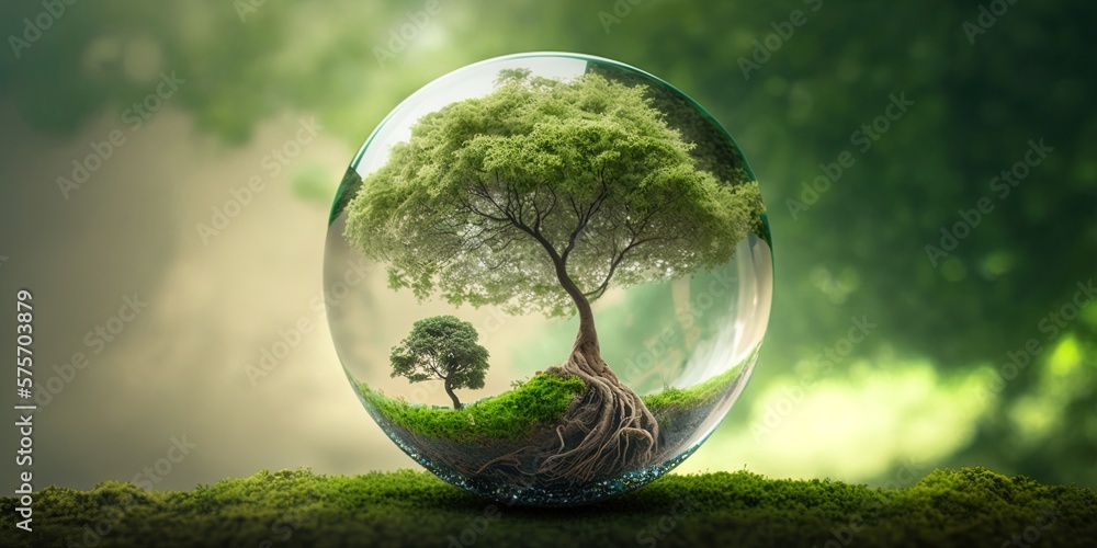 conceptual illustration of a tree in a glass bowl ecological concept, generative AI