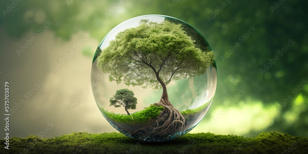 conceptual illustration of a tree in a glass bowl ecological concept, generative AI conceptual illustration of a tree in a glass bowl ecological concept, generative AI