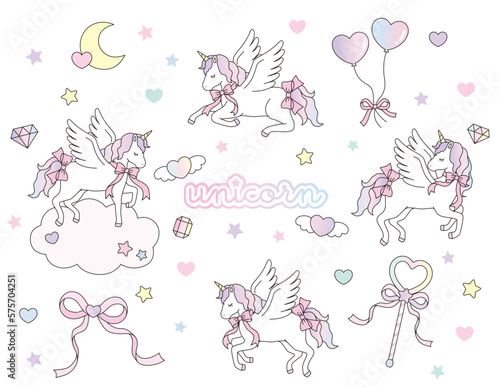 リボンをつけたかわいいユニコーン　ゆめかわ　イラスト素材セット