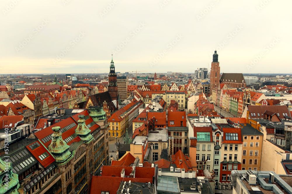 Aerial view of Wroclaw city with Old Town buildings, Poland. Rooftop view