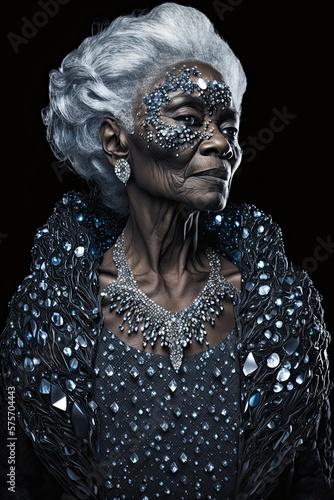 Confident black senior woman wearing a crystal dress and carnival mask, isolated mature queen portrait with black background, generative ai