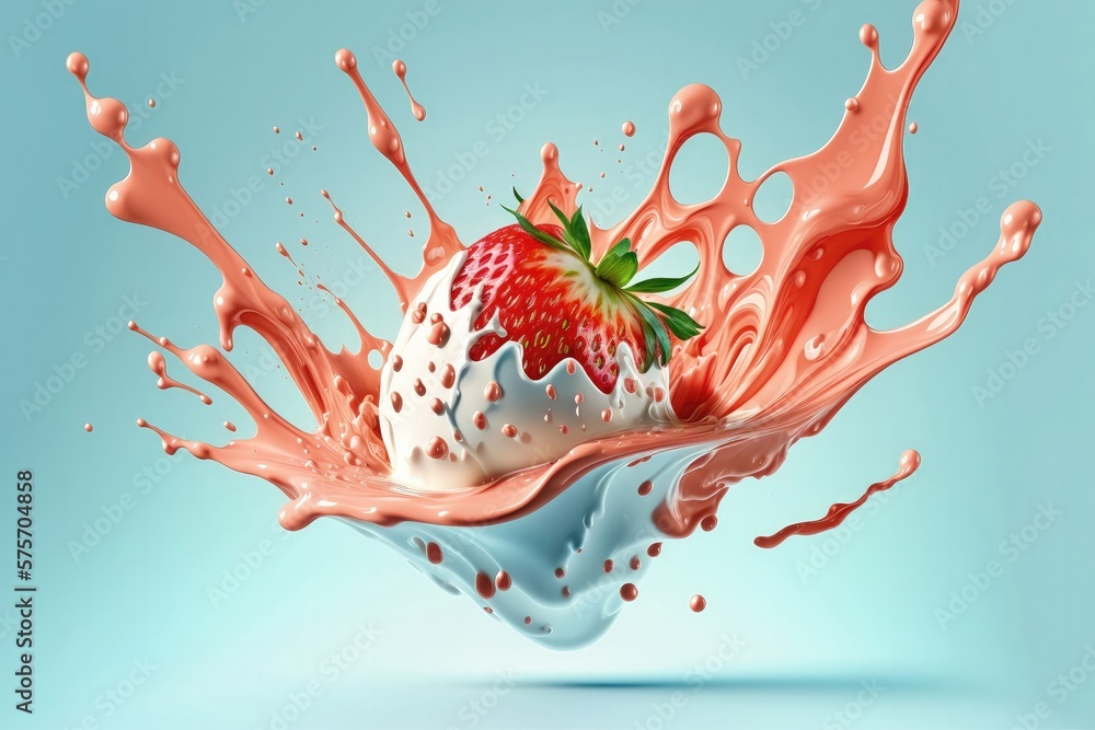 Strawberry falling into splashing milk or yogurt splash. Generative AI