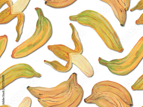 Hand Painted Bananas on Transparent Background, Repeating Patten, Fruit, Food, Yellow, Conversational Print