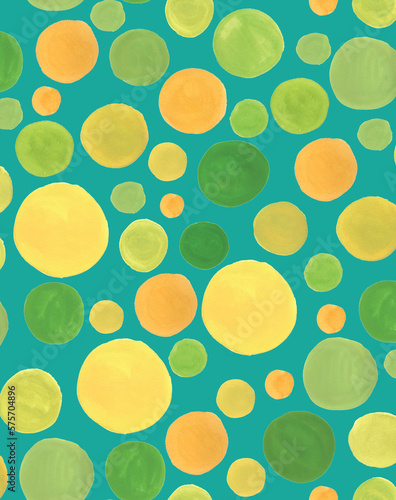 Hand Painted, Dots, Yellow, Orange, Green, Teal Background, Banana Coordinate, Repeating Pattern Tile