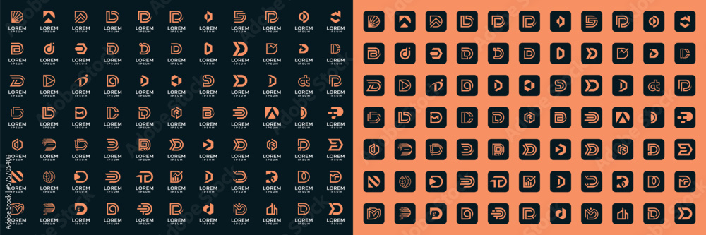 Set of abstract letter d, a logo template. with orange color style, icons for business of fashion, sport, automotive, building, technology, internet, animal, simple. - obrazy, fototapety, plakaty 