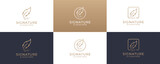 Set of golden quill signature logo design. Minimalist feather ink logo template.