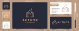 feather and book logo design or logo for an author, with subtle gradient color style and business card.