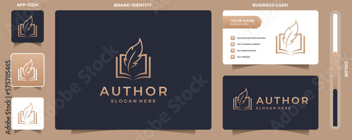 feather and book logo design or logo for an author  with subtle gradient color style and business card.