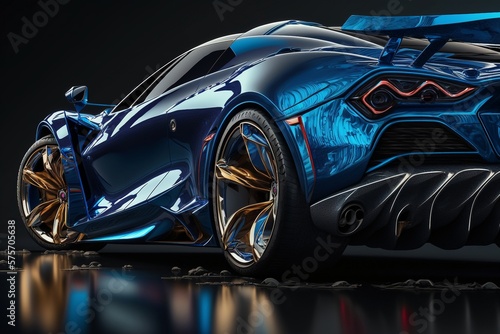 Cool blue generic sports car in a dark studio background illustrated with generative AI © Grego