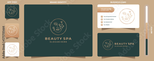 Beauty woman's face flower with line art style logo and business card design. feminine design concept for beauty salon, massage, magazine, cosmetic and spa.