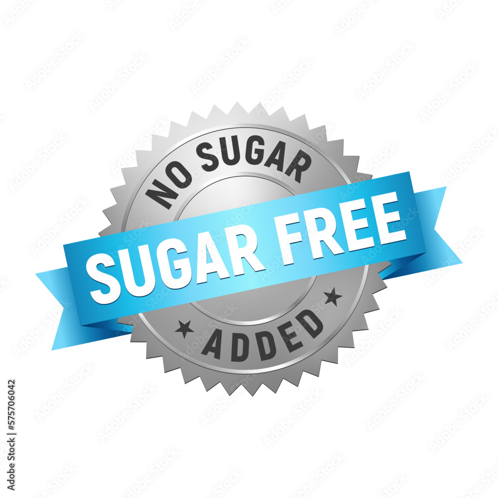 Fototapeta premium Silver and blue ribbon badge sugar free. Rubber stamp no sugar added. Design elements for labels, stickers, banners, posters for food and health business. Vector illustration.