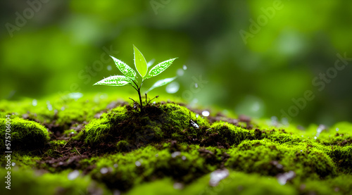 Close up of a small plant growing in front of blurred green forest background, small raindrops, droplets