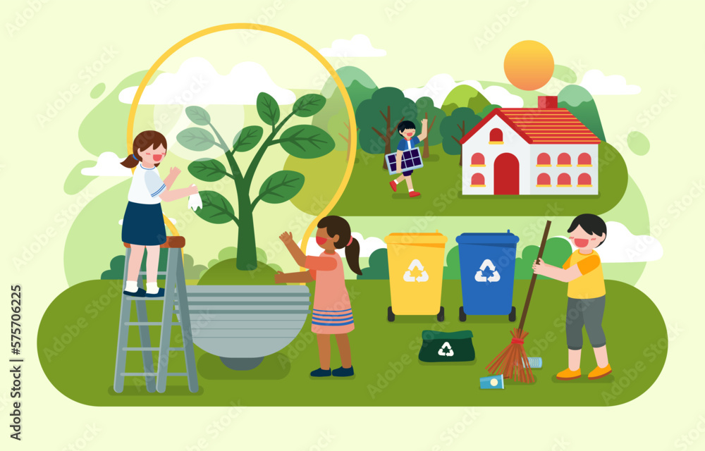 Obraz premium The children using renewable energy earth day vector