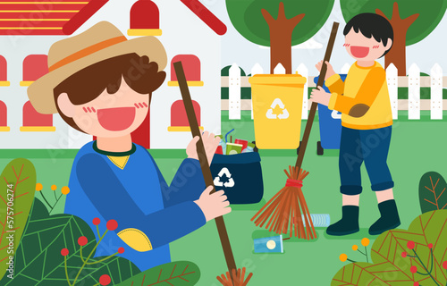 Volunteer boys holding broom Sweeping  plastic waste on ground
