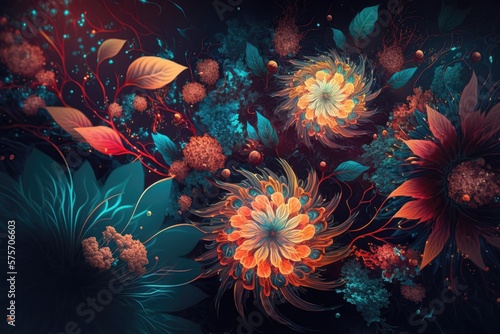 Fantasy luminous flowers beautiful floral background. Generative AI