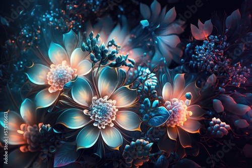 Fantasy luminous flowers beautiful floral background. Generative AI © AdriFerrer