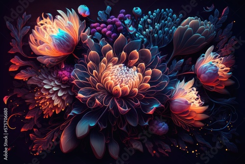 Fantasy luminous flowers beautiful floral background. Generative AI