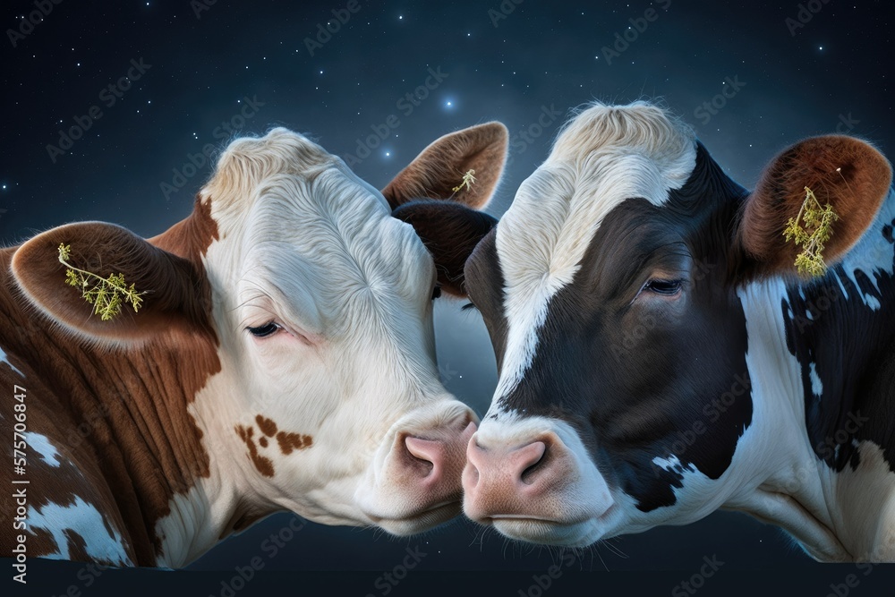 Tender love photo of two young cows, their eyes closed in sweet contemplation against a backdrop of red and white calfs and a beautiful blue sky. Generative AI