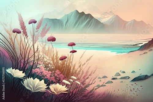 Fantasy landscape with flowers for background. Generative AI