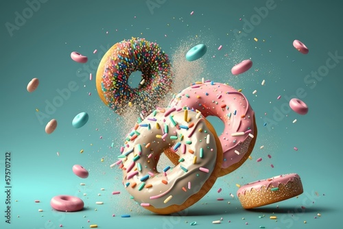 Flying frosted sprinkled donuts. Generative AI