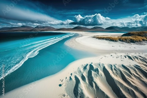 Luskentyre Beach, Isle of Harris, Scotland, is a beautiful white sand beach that often goes unoccupied. Generative AI