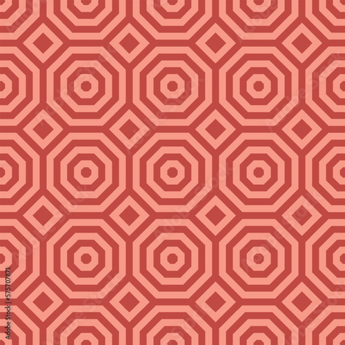 Graphic Geometric Seamless Pattern With Coral Shades Experimental Color Palette. Playful Retro Style 50s 60s 70s Repetitive Abstract Vector Background. Trendy Old Fashioned Textile Print. Vintage Art