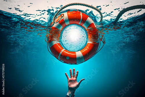Man drowned under water, hand reaches out from the depths to red life buoy on the surface of the water. The salvation of the drowning is the work of the drowning themselves. Generative AI