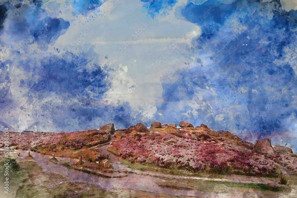 Digital watercolour painting of Beautiful late Summer sunrise in Peak District over fields of heather in full bloom around Higger Tor and Burbage Edge