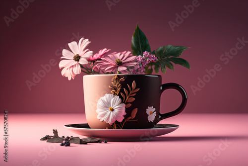 Fotografering A cup of coffee on a pink background with flowers