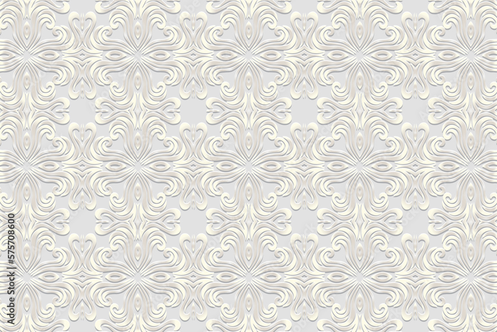Embossed white background, satin cover design. Geometric 3D pattern, press paper, leather. Ornaments handmade East, Asia, India, Mexico, Aztecs, Peru. Ethnic boho motifs, art deco.