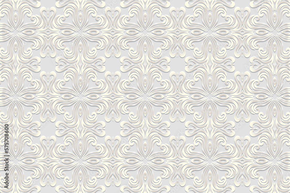 Embossed white background, satin cover design. Geometric 3D pattern, press paper, leather. Ornaments handmade East, Asia, India, Mexico, Aztecs, Peru. Ethnic boho motifs, art deco. Embossed white background, satin cover design. Geometric 3D pattern, press paper, leather. Ornaments handmade East, Asia, India, Mexico, Aztecs, Peru. Ethnic boho motifs, art deco.