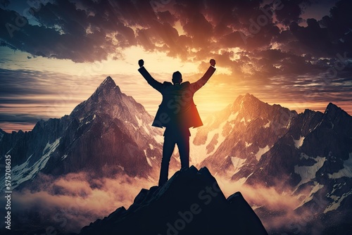 Businessman on Top of a Mountain Theme, Success, Win, (Generative AI)