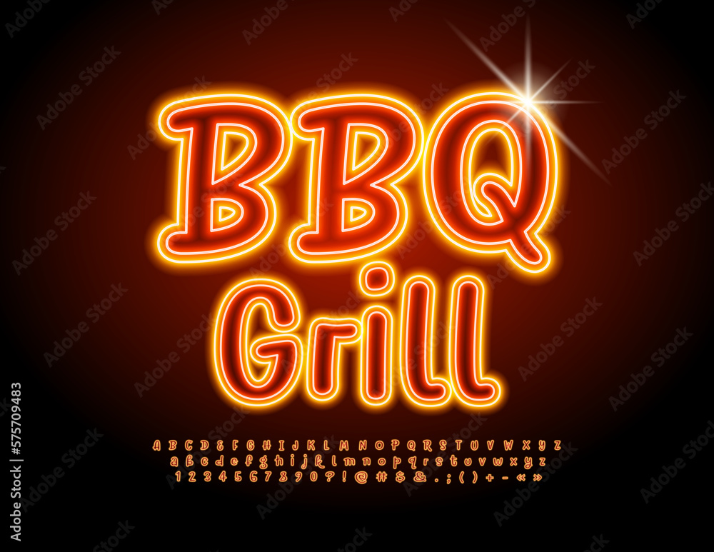 Vector advertising poster BBQ Grill. Bright Glowing Font. Neon Alphabet Letters, Numbers and Symbols set