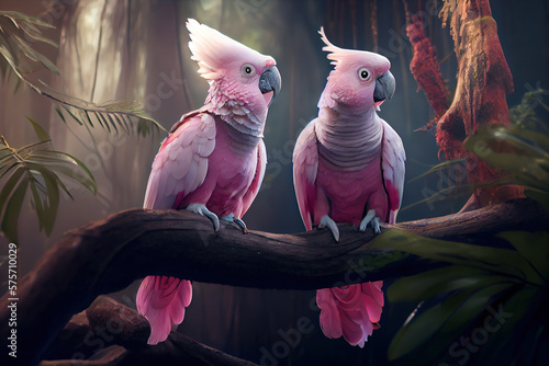 Generative AI: pink cockatoos in a in a branch in the forest