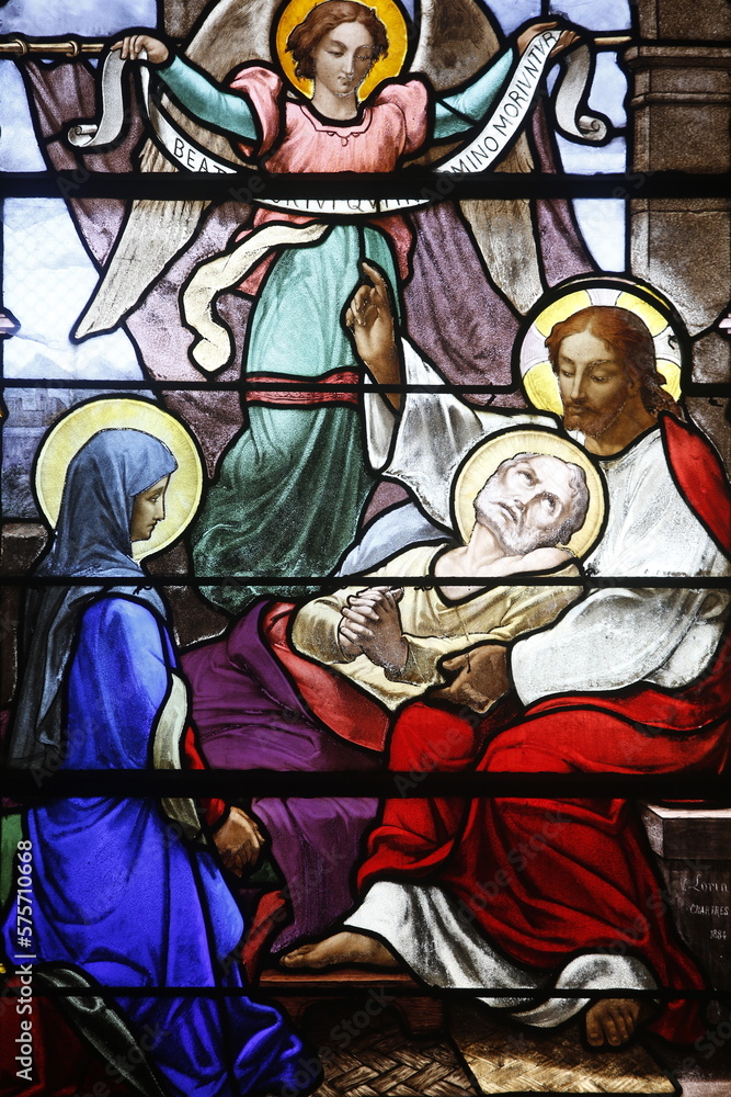Stained glass in Saint-Aubin church, Houlgate. Jesus curing the sick. France.