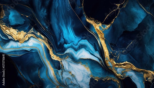 Abstract dark blue marble texture with gold splashes, blue luxury background © Alina
