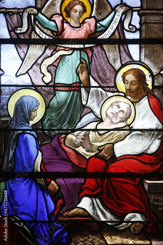 Stained glass in Saint-Aubin church  Houlgate. Jesus curing the sick. France.