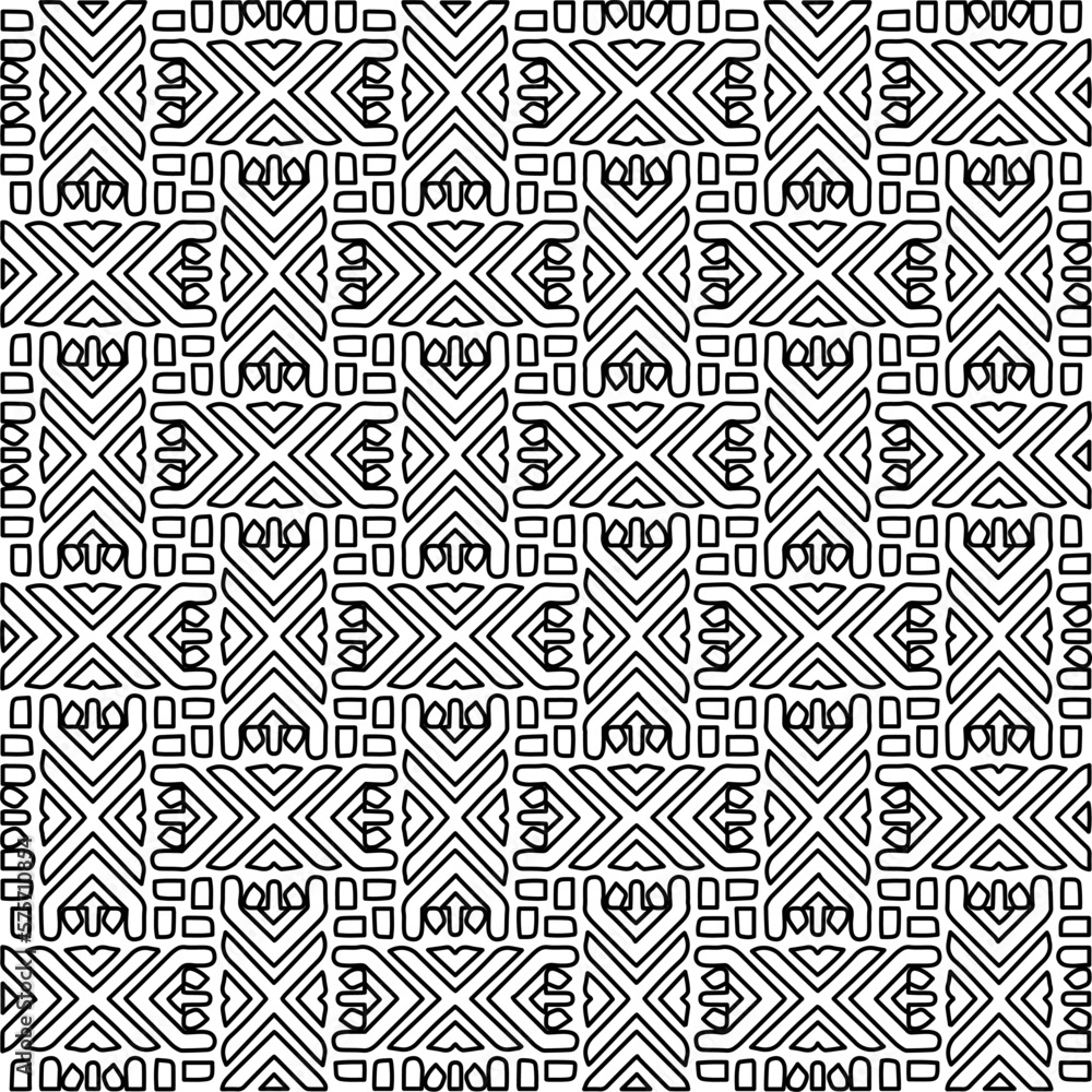  Monochrome ornamental texture with smooth linear shapes, zigzag lines, lace pattern.Abstract geometric black and white pattern for web page, textures, card, poster, fabric, textile.