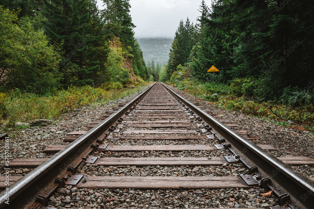 Railway in the countryside, train track in West Canada