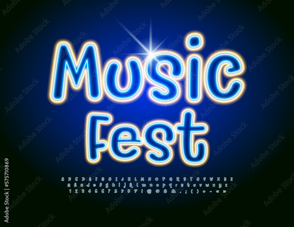 Vector event poster Music Fest with Led Illuminated Font. Trendy set of creative Alphabet letters, Numbers and Symbols Vector event poster Music Fest with Led Illuminated Font. Trendy set of creative Alphabet letters, Numbers and Symbols