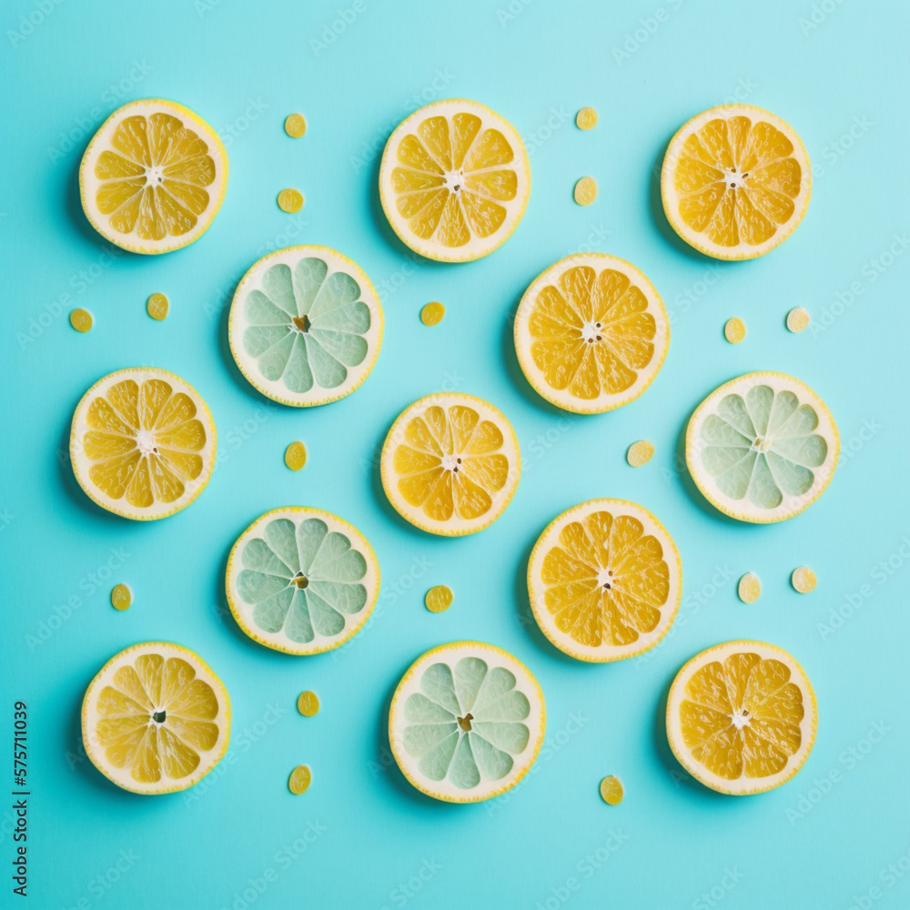 Lemons slices on a blue background. Generative AI. Lemons slices on a blue background. Generative AI.