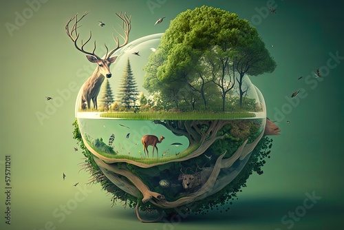 Fototapeta Naklejka Na Ścianę i Meble -  An interesting concept idea of ecology in the biosphere. Untouched nature, green peace, green shades, wild animals, high resolution, art, generative artificial intelligence