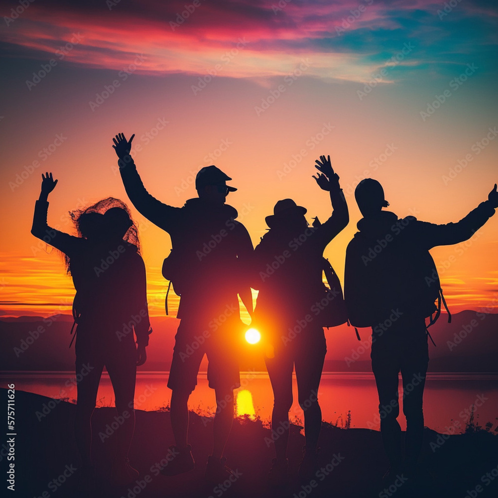 Silhouette of a group of friends having a good time and enjoying themselves during the sunset. Generative AI.