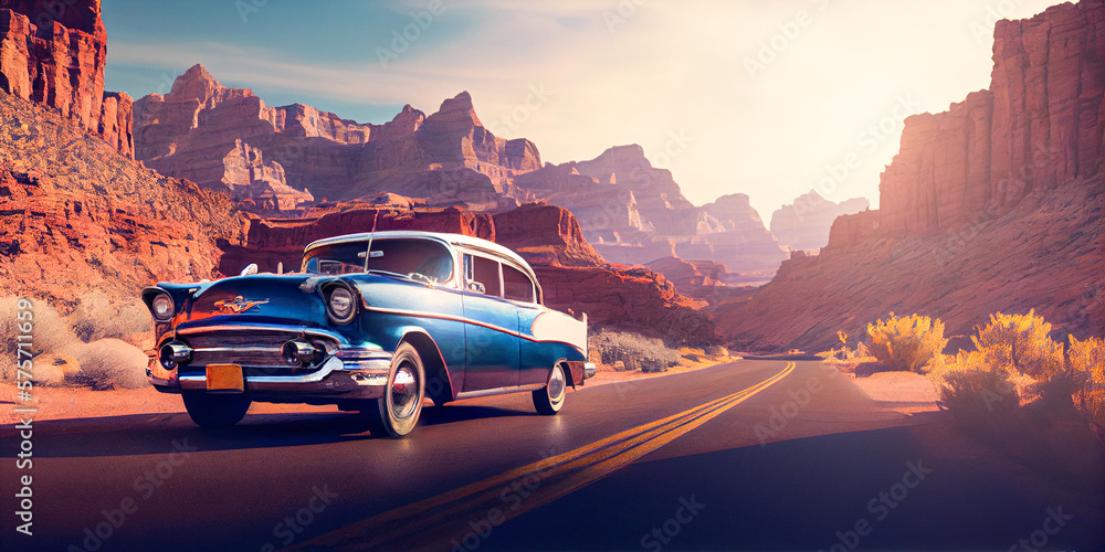 Retro car on a road in canyon.  Ai generated illustration