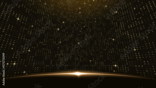 Gold lights rays stage scene for award winning event, abstract particle glitter